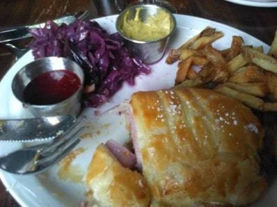 cabbage fries and a monte cristo sandwich